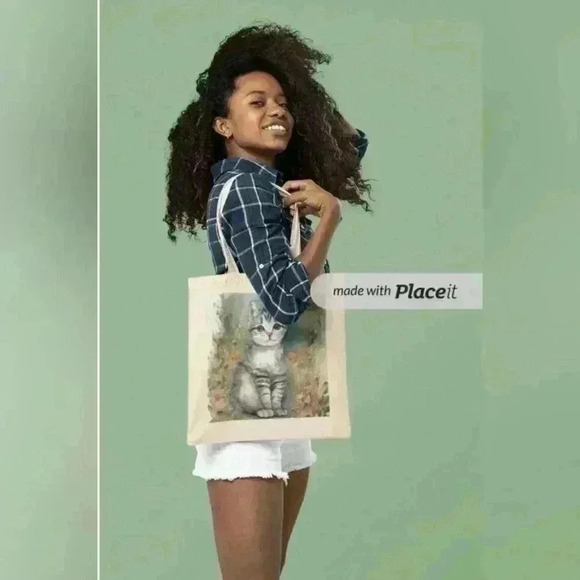 Vintage painted cat print on a tote recyled bag - Picture 3 of 3